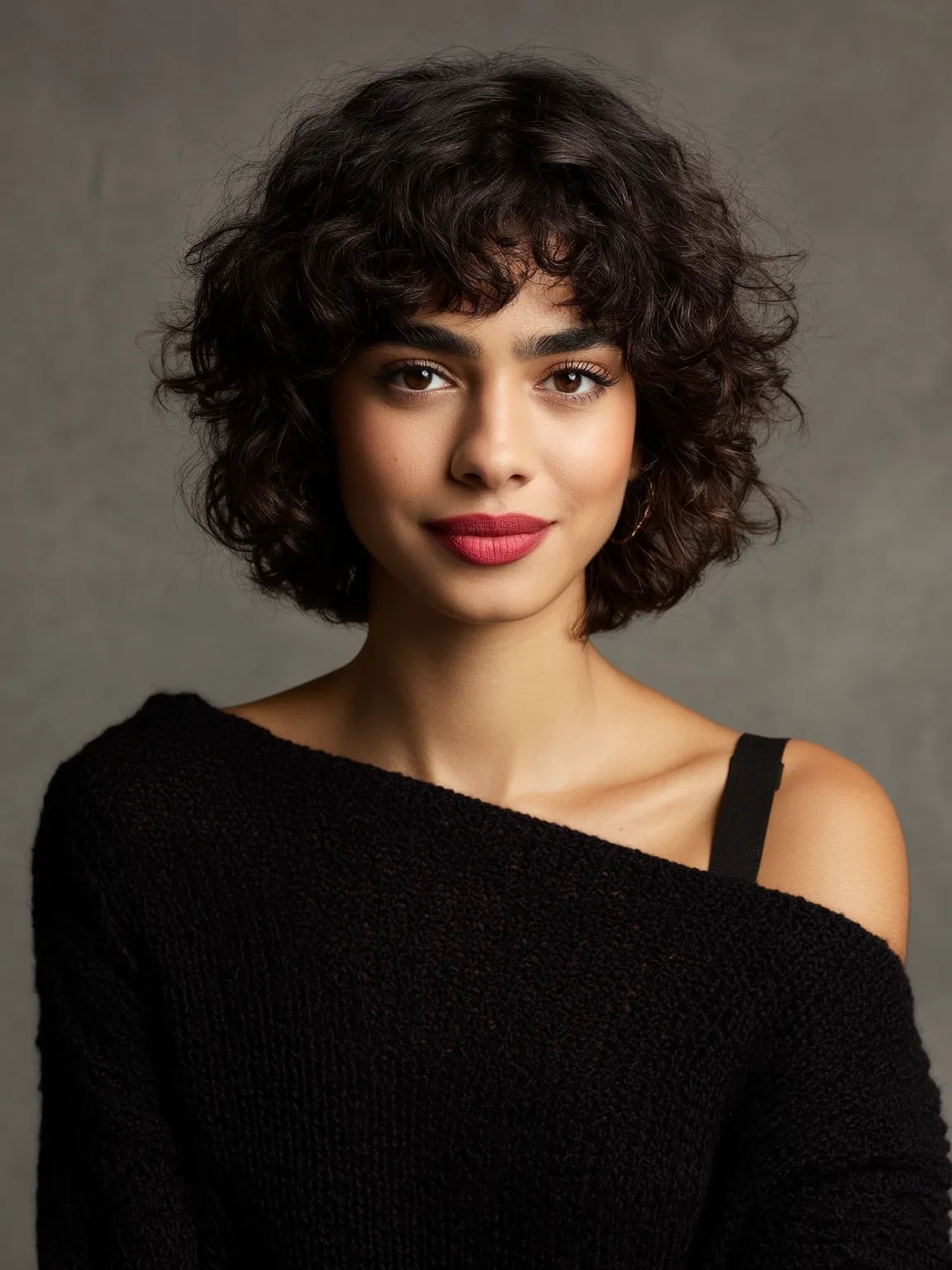 High-Volume Curly Bob in Rich Espresso Brown with Wispy Bangs